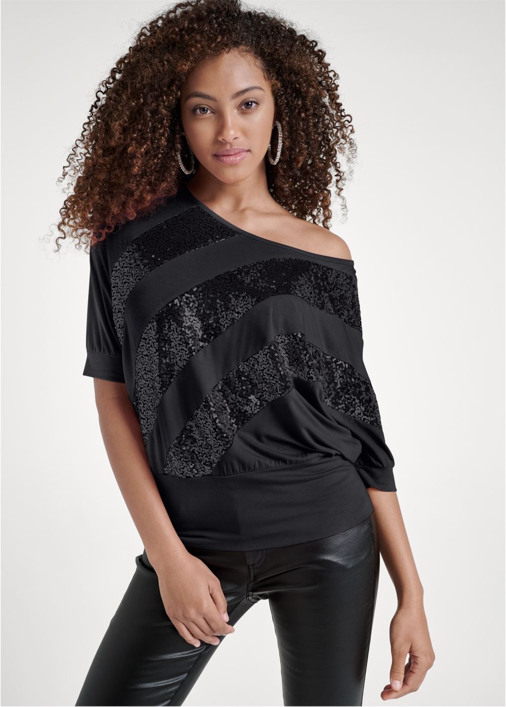 Venus Off-Shoulder Sequin Top in Black