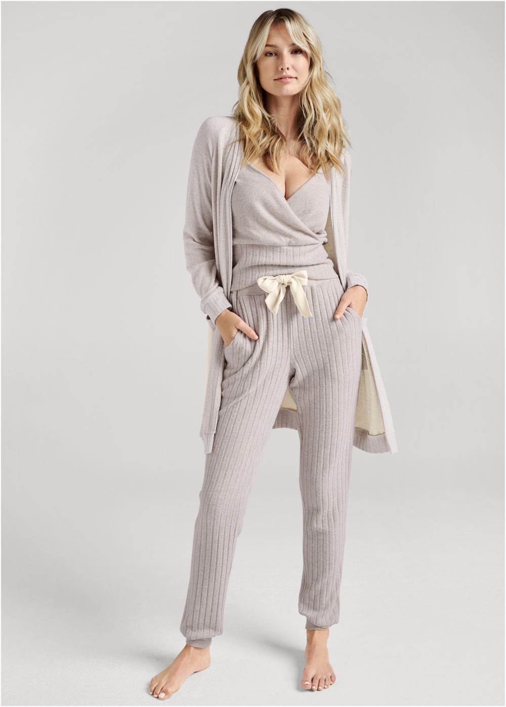 Venus Ribbed Hacci Cardigan in Taupe