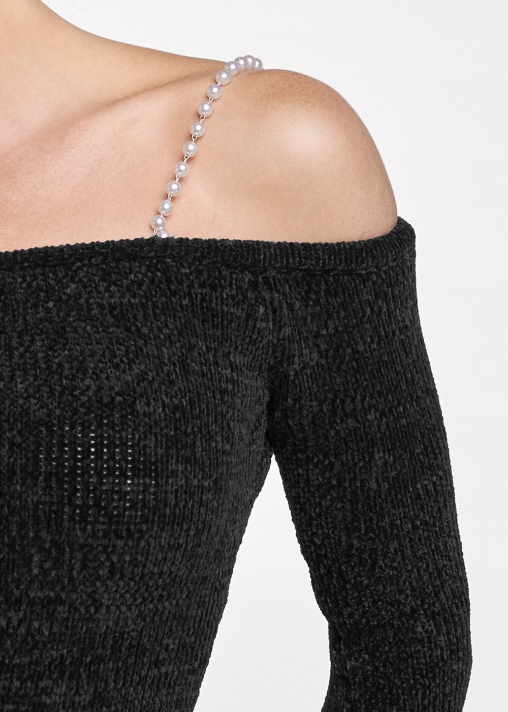 Venus VENUS | Off-The-Shoulder Pearl Strap Chenille Sweater in Black