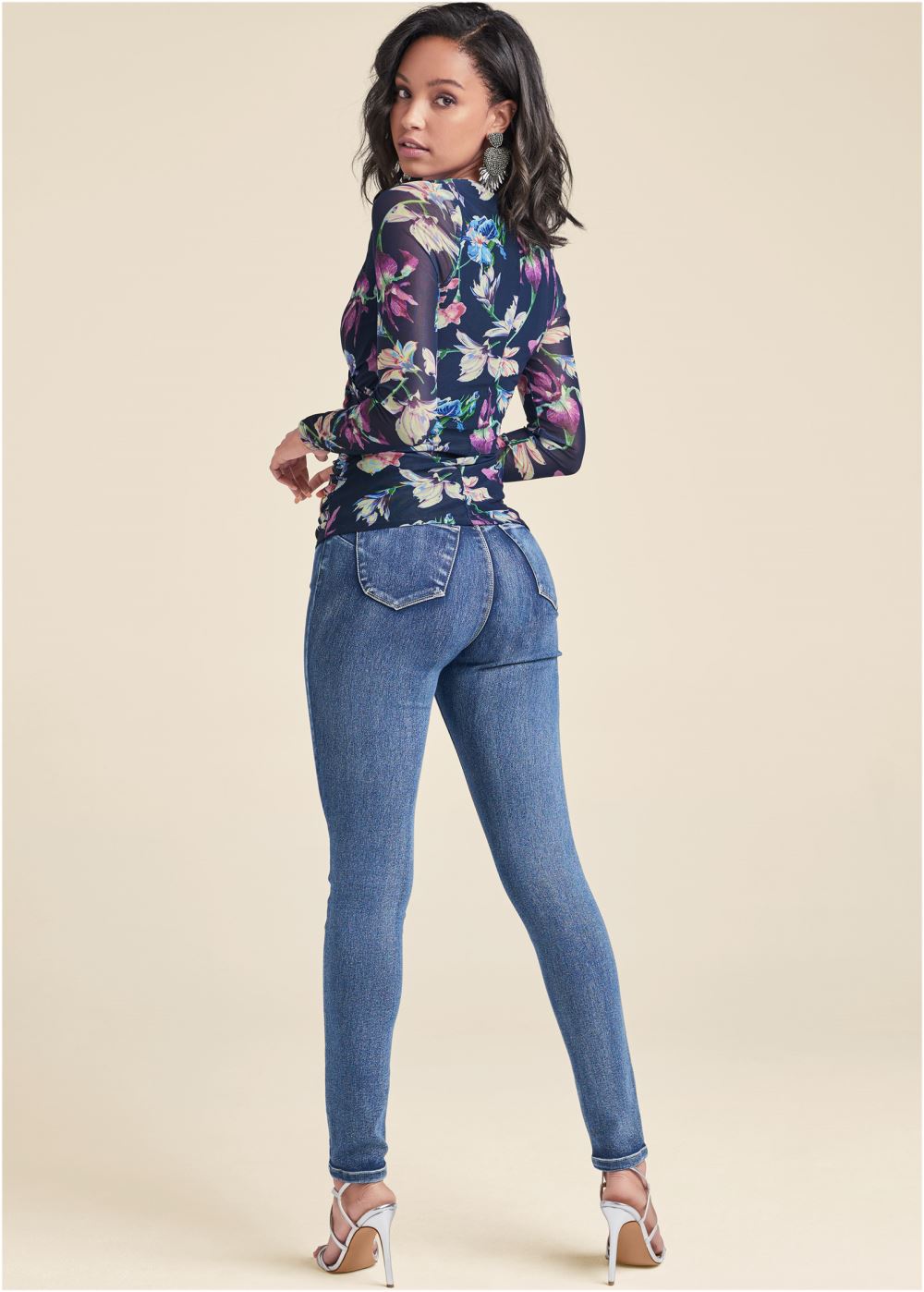 Venus Bahamian Floral Mesh Top in Navy Multi