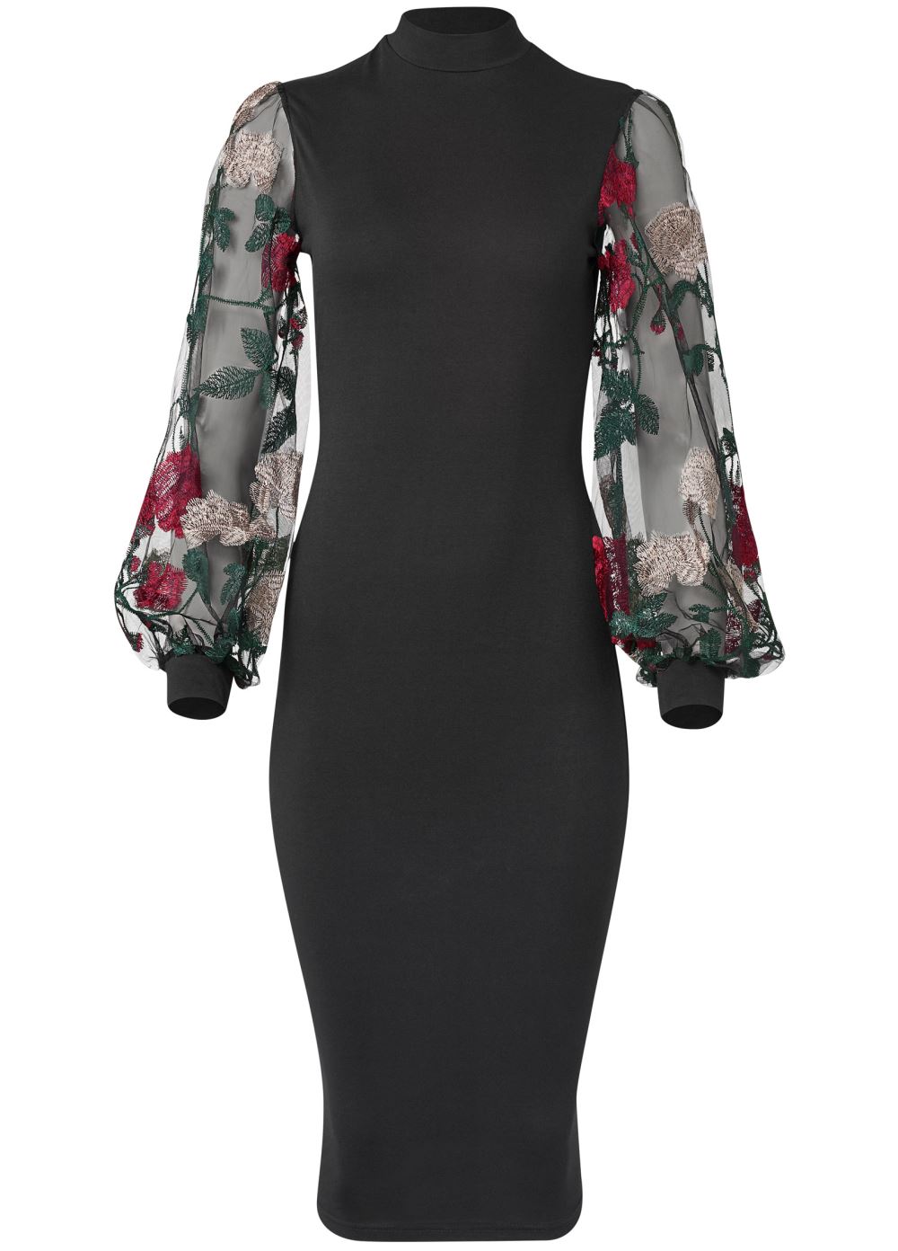 Venus Embroidered Floral Puff Sleeve Dress - Black Multi