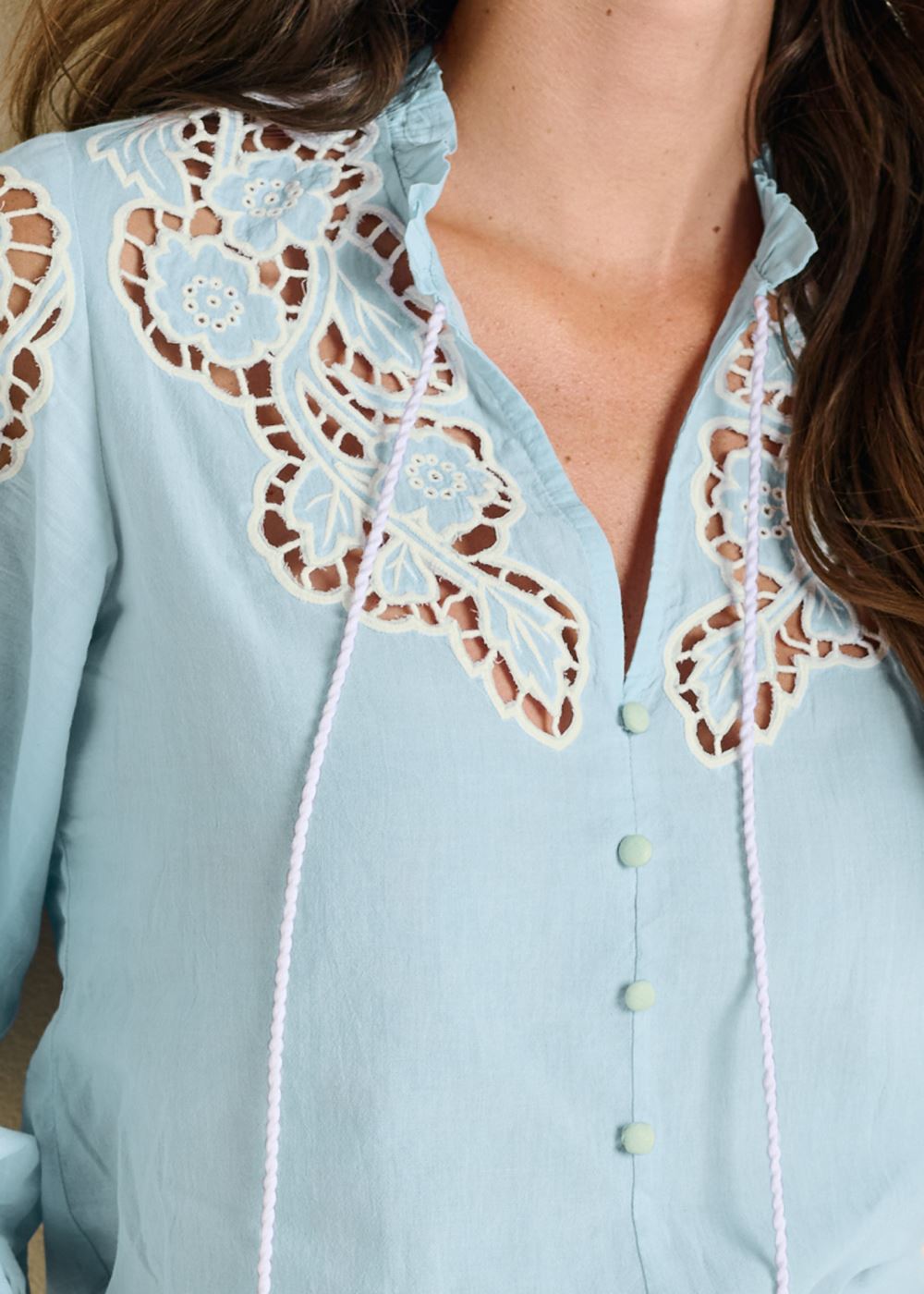 Venus Eyelet Smocked Hem Blouse in Blue & White
