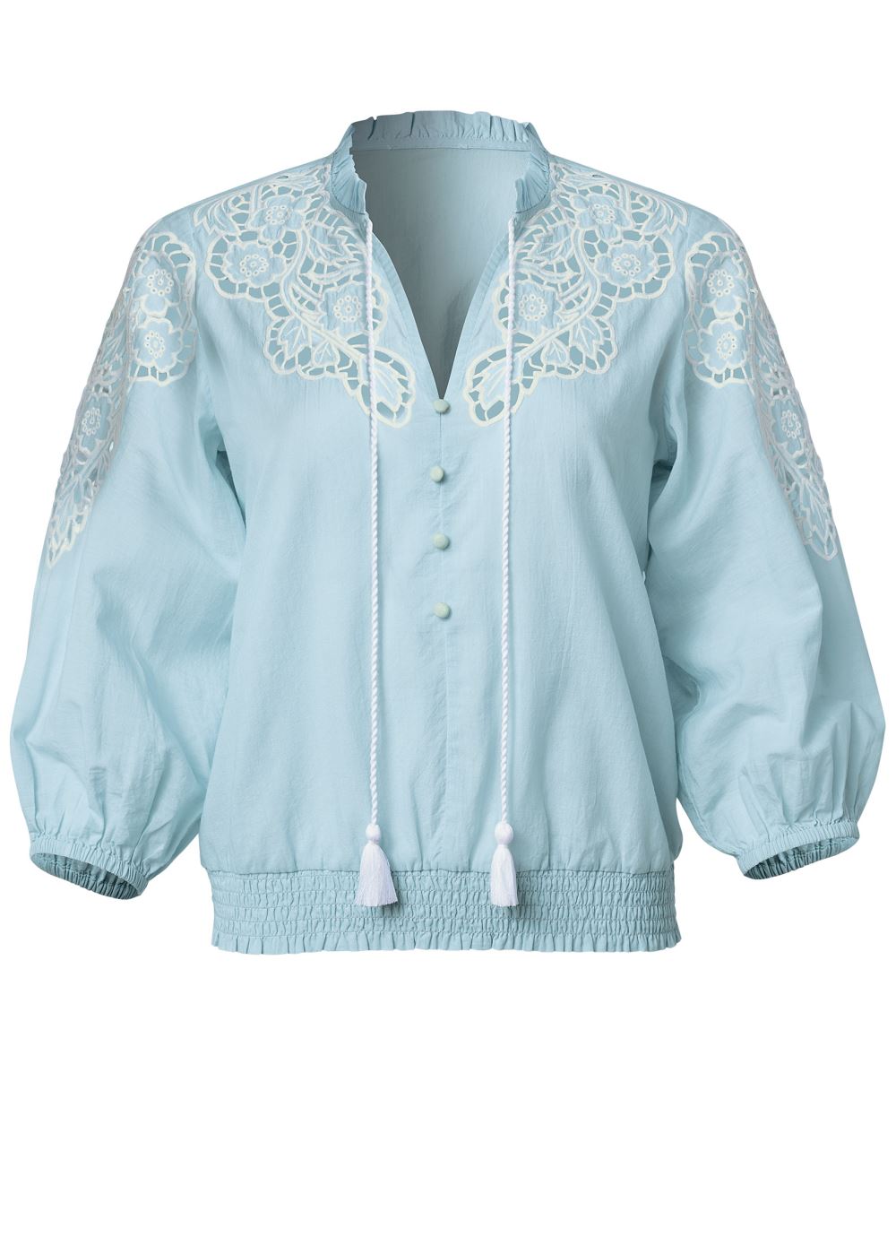 Venus Eyelet Smocked Hem Blouse in Blue & White