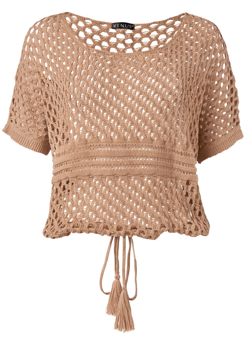 Venus Plus Size Open Knit Sweater in Tan