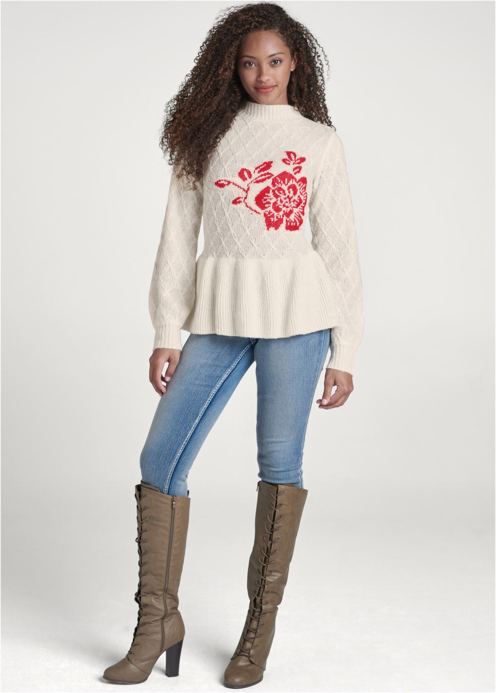 Venus Plus Size Rose Detail Peplum Sweater in Off White & Red