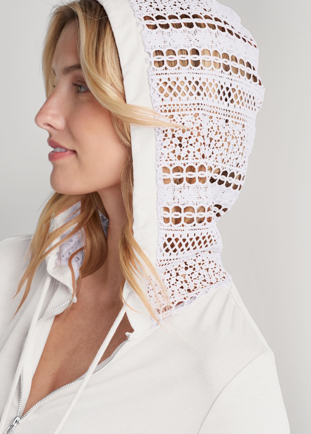 Venus Plus Size Crochet Trim Zipper Hoodie in Off White