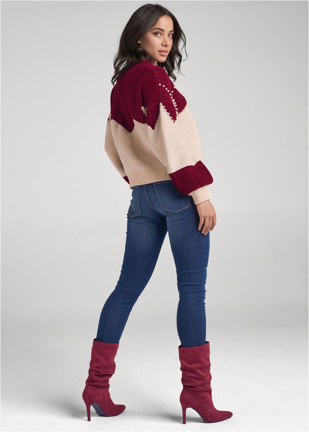 Venus Plus Size Faux-Pearl Chenille Sweater in Red & White