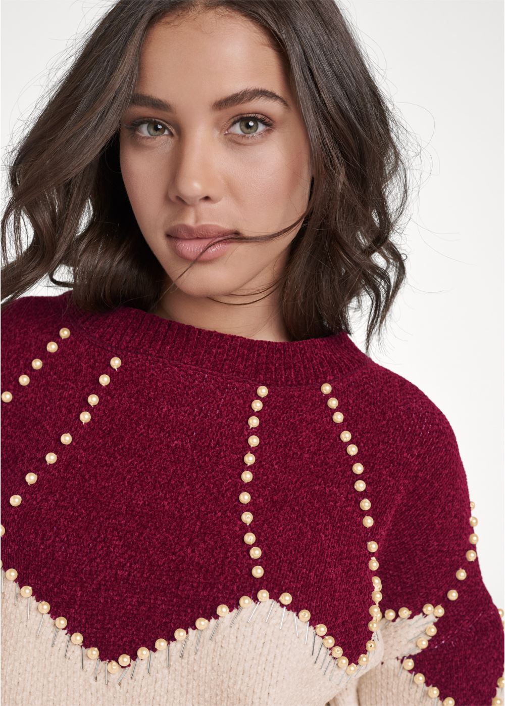 Venus Plus Size Faux-Pearl Chenille Sweater in Red & White