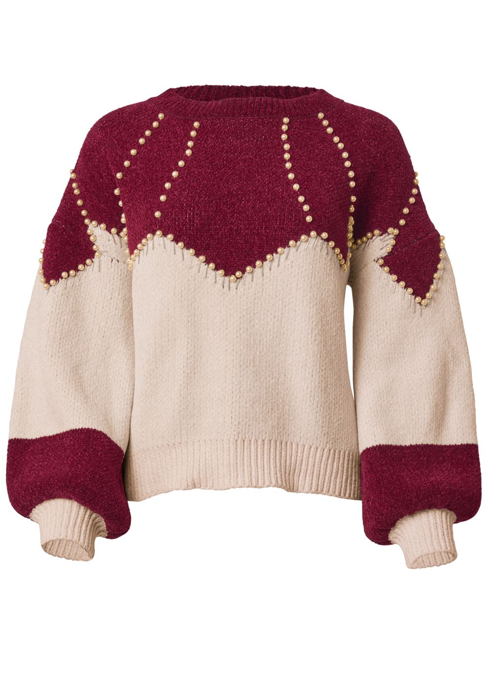 Venus Plus Size Faux-Pearl Chenille Sweater in Red & White