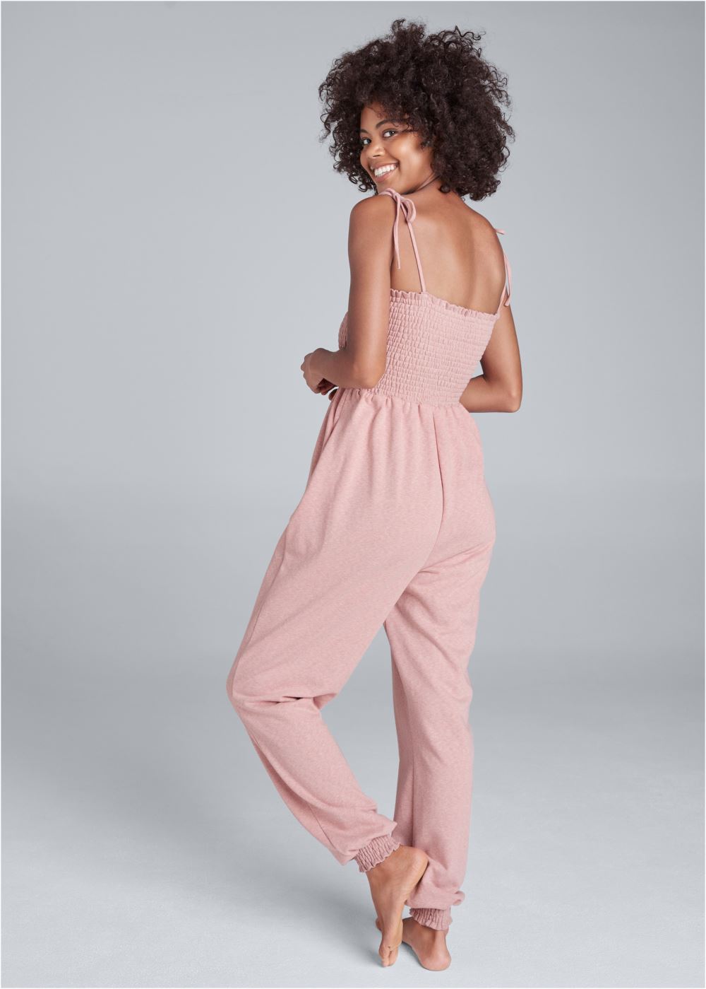 Venus Plus Size Smocked Lounge Jumpsuit in Heathered Pink
