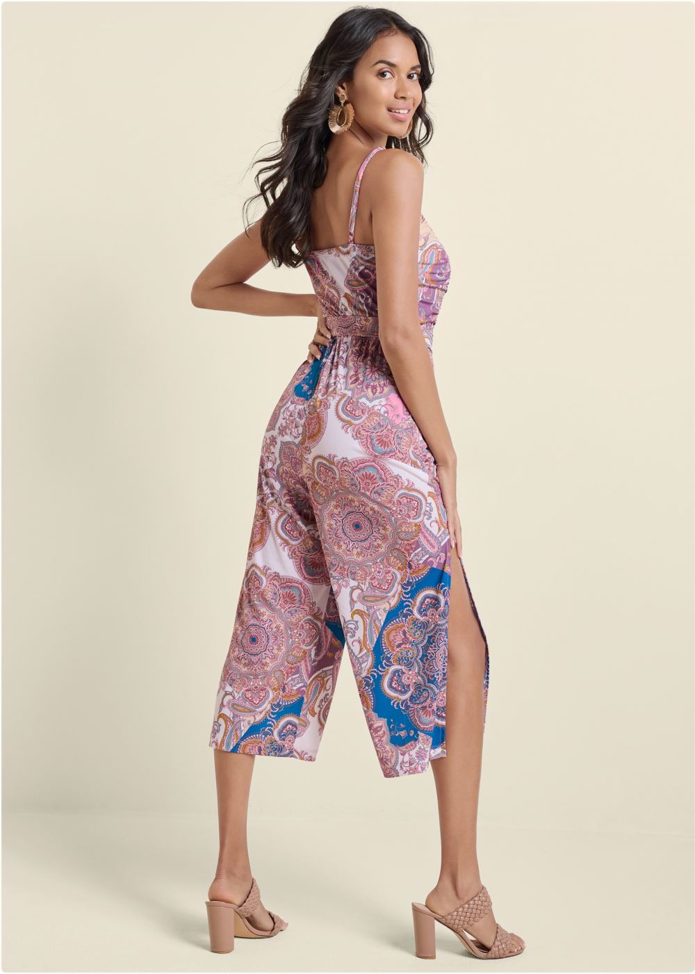 Venus Plus Size Paisley Ruched Jumpsuit in Pink Multi