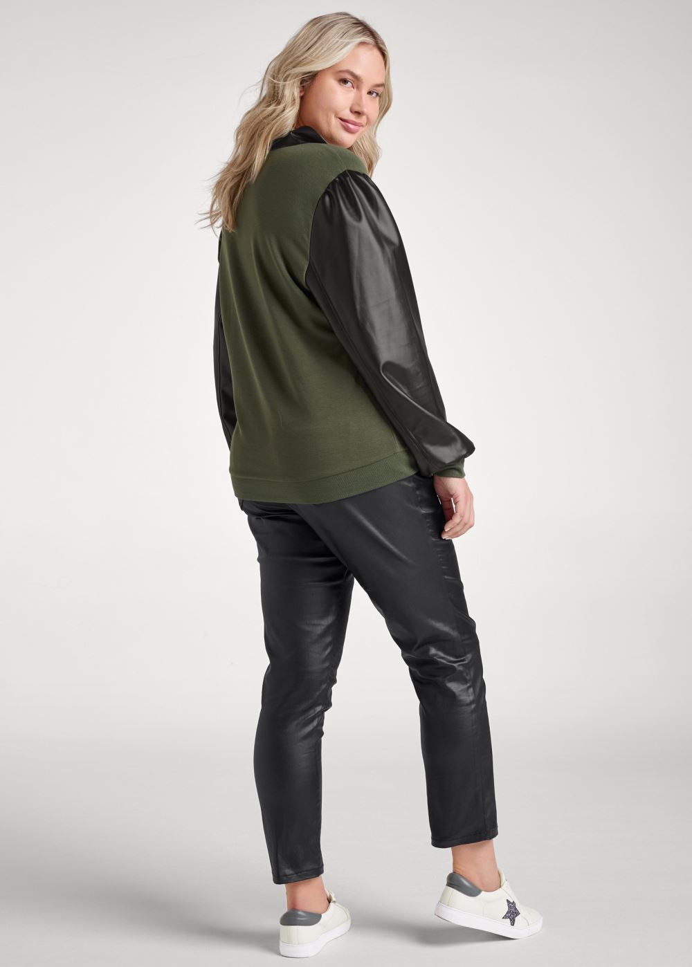 Venus Plus Size Faux-Leather Zip Sweatshirt in Olive & Black