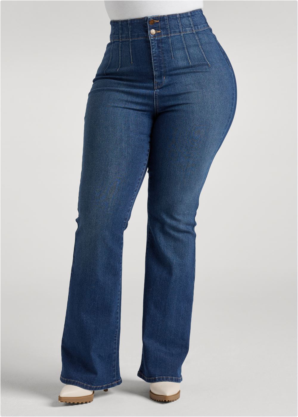 Venus Plus Size Pintuck Semi-Flare Jeans in Dark Wash