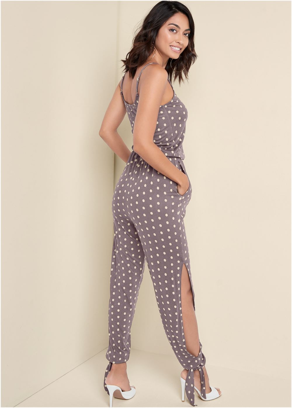 Venus Plus Size Polka Dot Jumpsuit in Taupe