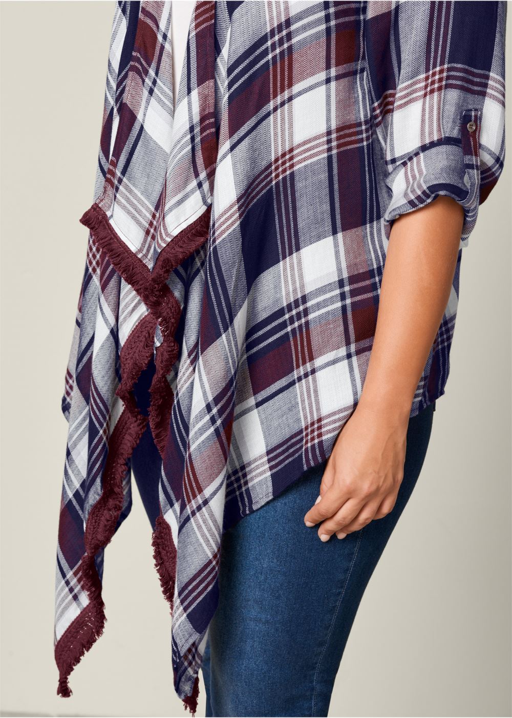 Venus Plus Size Plaid And Fringe Cardigan