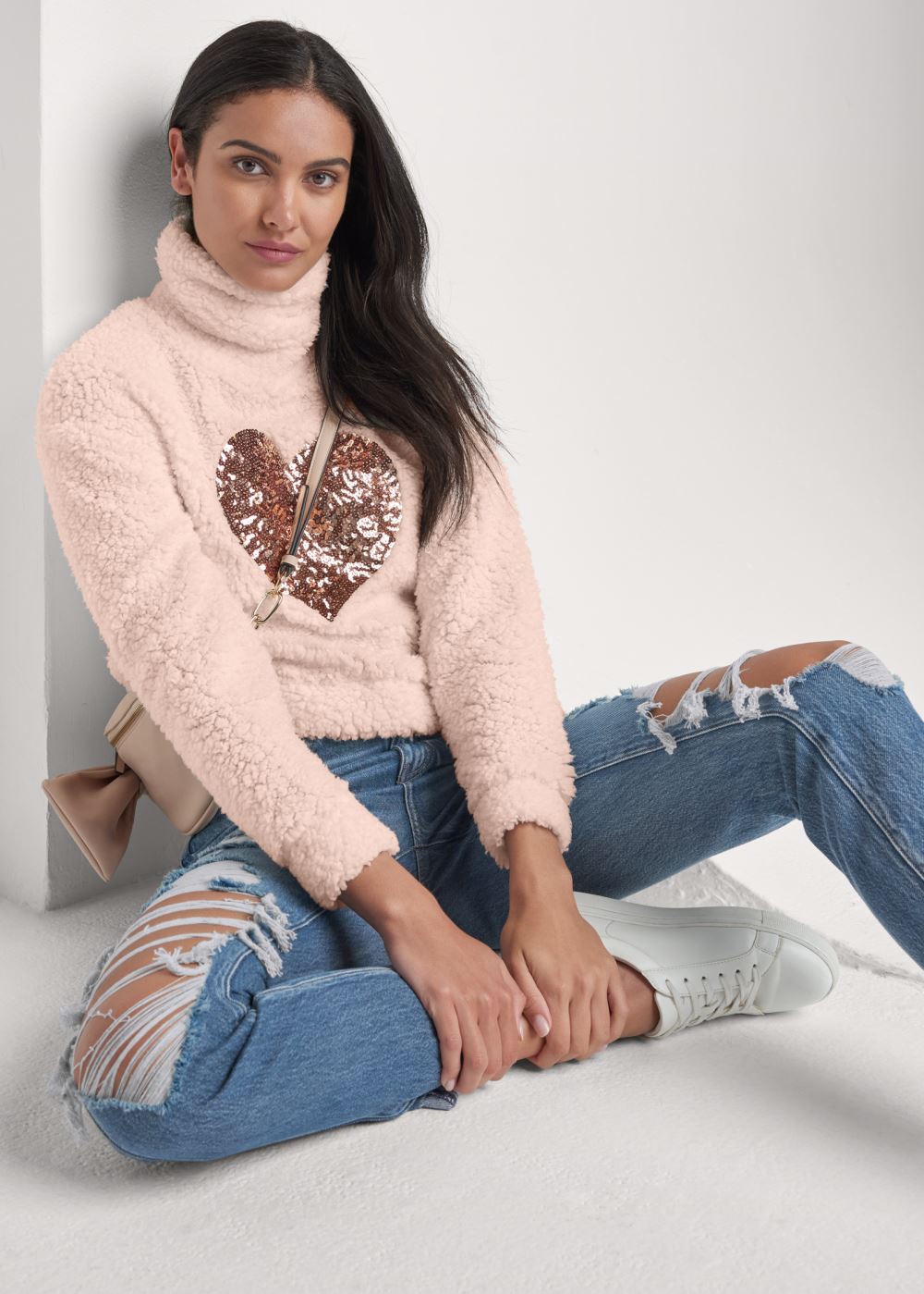 Venus Plus Size Heart Sherpa Sweatshirt in Peach Blush