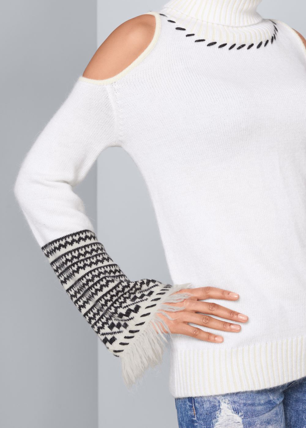 Venus Plus Size Cold-Shoulder Turtleneck Sweater in White & Black