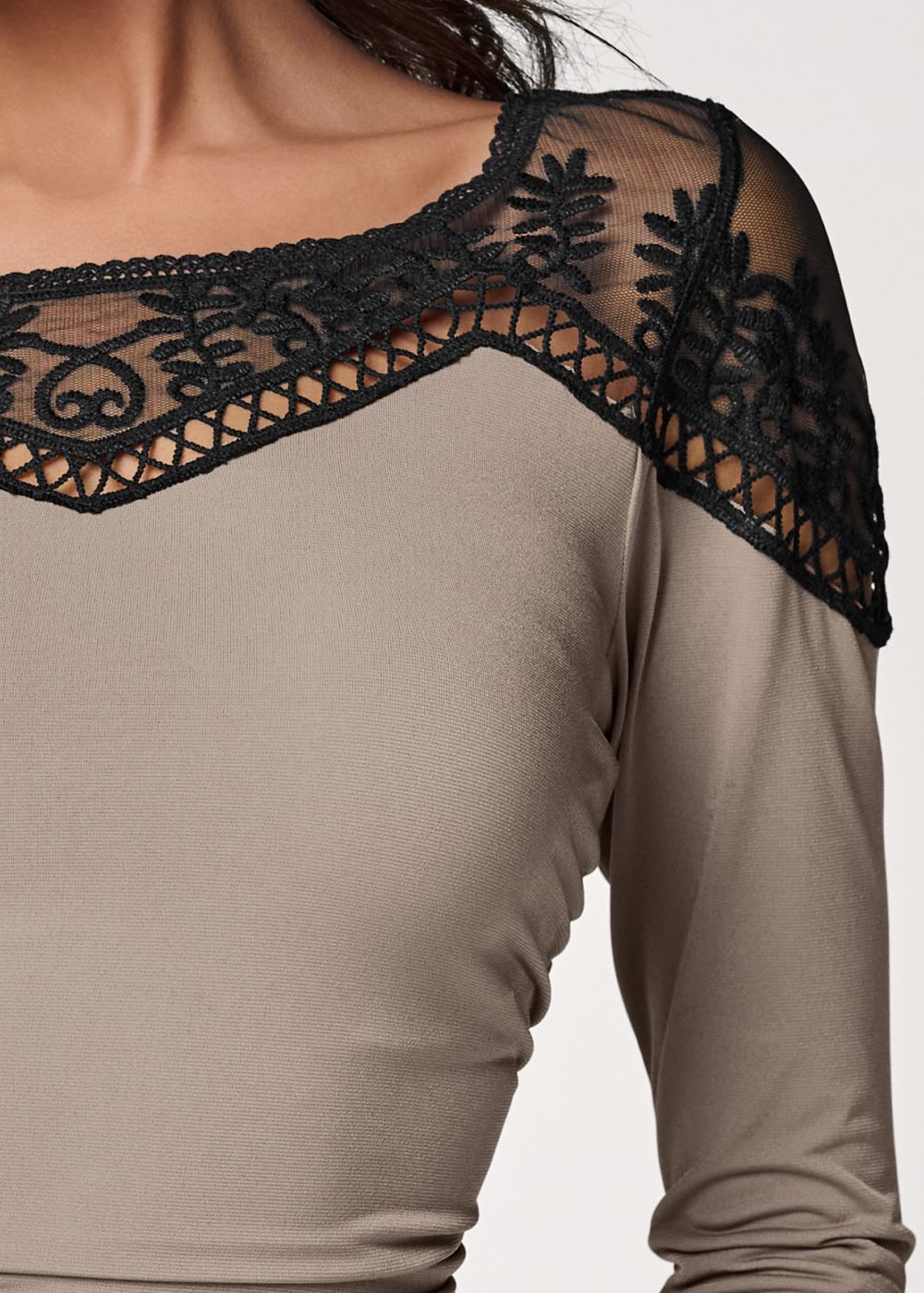Venus Beige Multi LACE NECKLINE RUCHED TOP