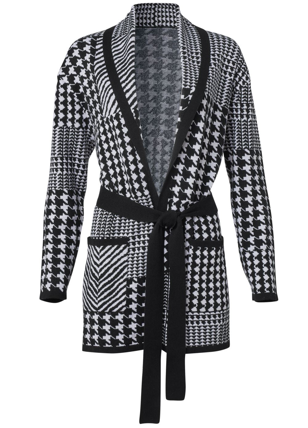 Venus Plus Size Houndstooth Wrap Cardigan in Black & White