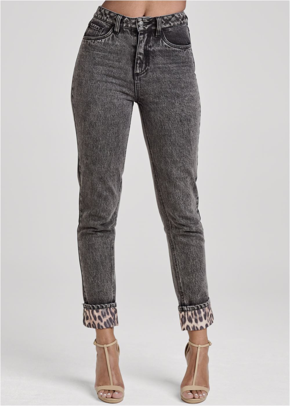 Venus Black Acid Wash New Vintage Leopard Cuff Straight Leg Jeans