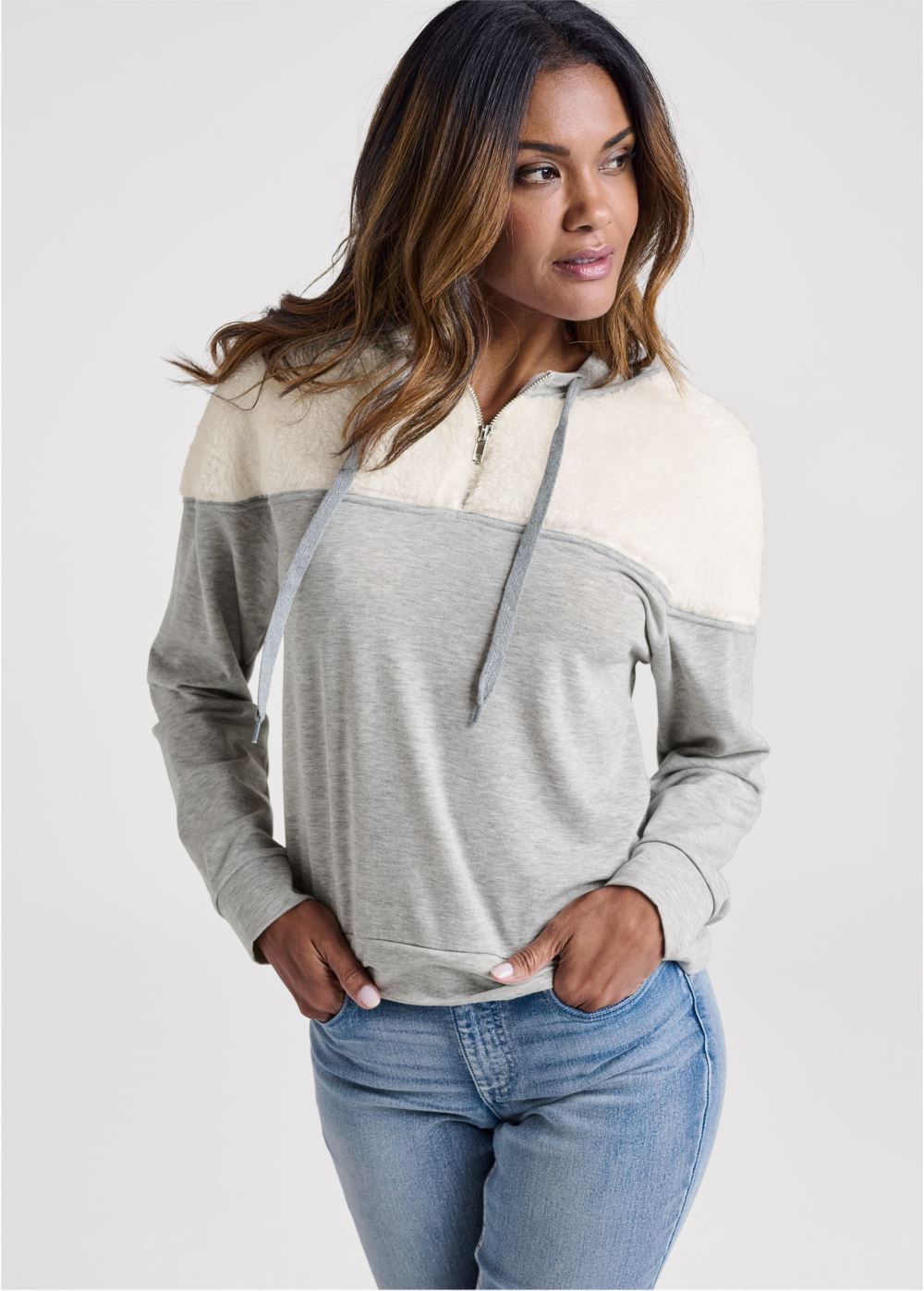 Venus Plus Size Sherpa Neck-Zip Sweatshirt in Off White & Heather Grey