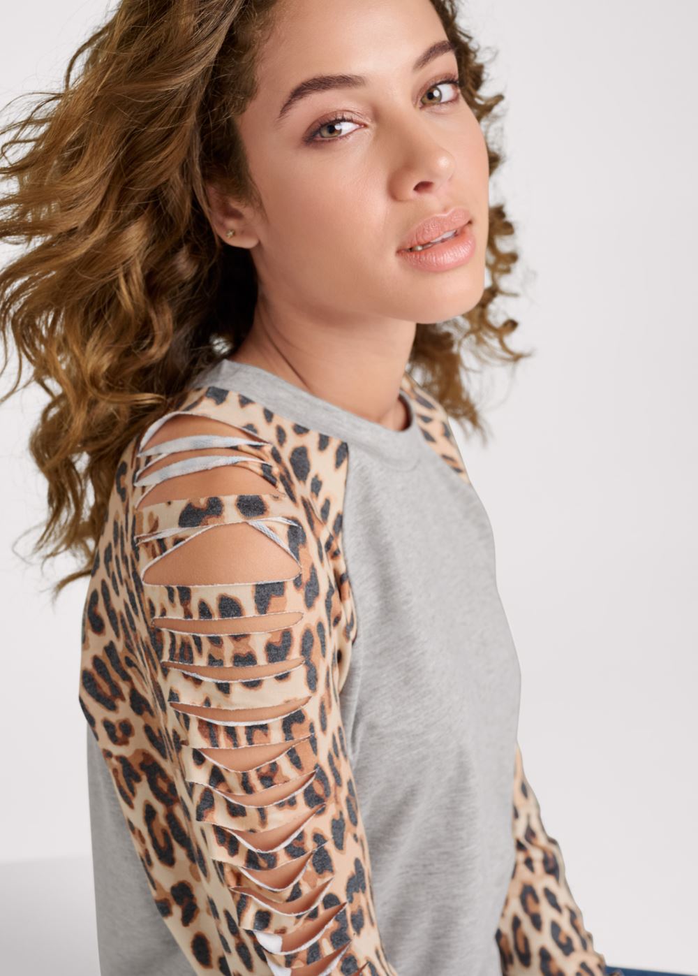 Venus Plus Size Cheetah Print Slash Sweatshirt in Grey Multi