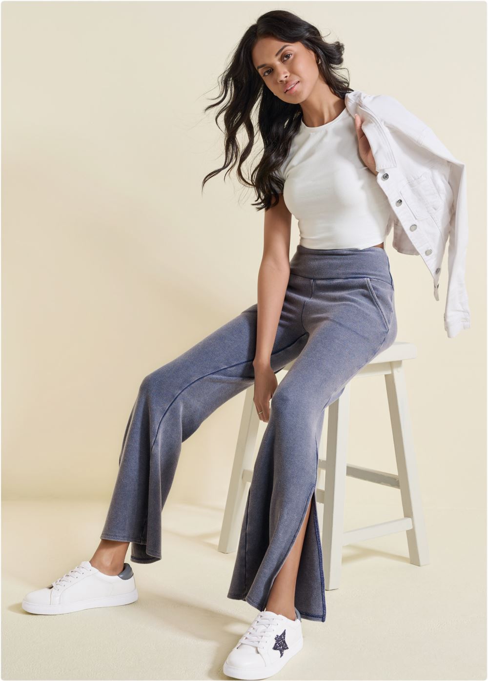 Venus Plus Size Washed Slit Flare Leg Pants in Dark Blue