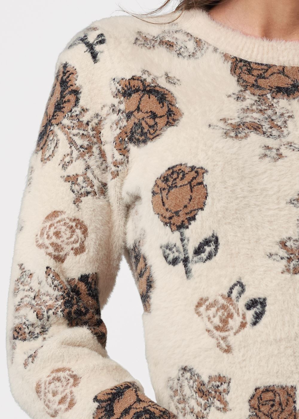 Venus Plus Size Eyelash Rose Print Sweater in White Multi