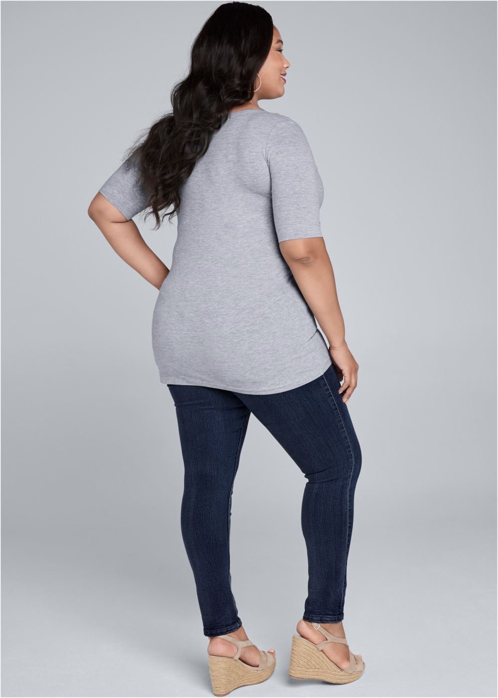 Venus Plus Size Long And Lean V-Neck Tee in Light Heather Grey
