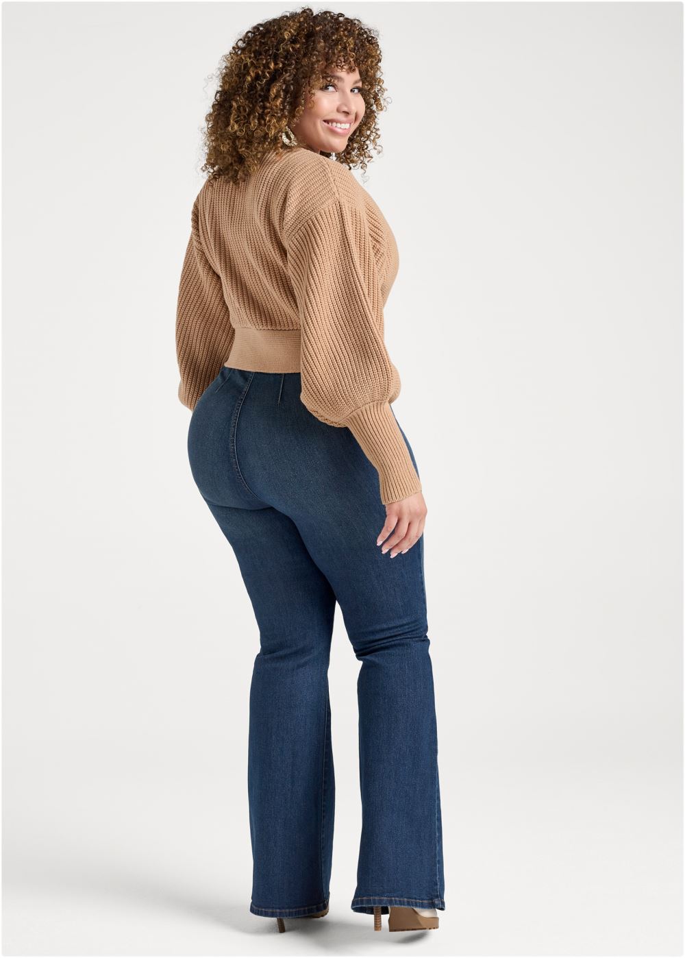 Venus Plus Size Wrap Balloon Sleeve Sweater in Light Brown