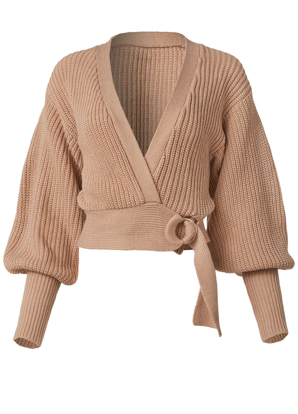 Venus Plus Size Wrap Balloon Sleeve Sweater in Light Brown