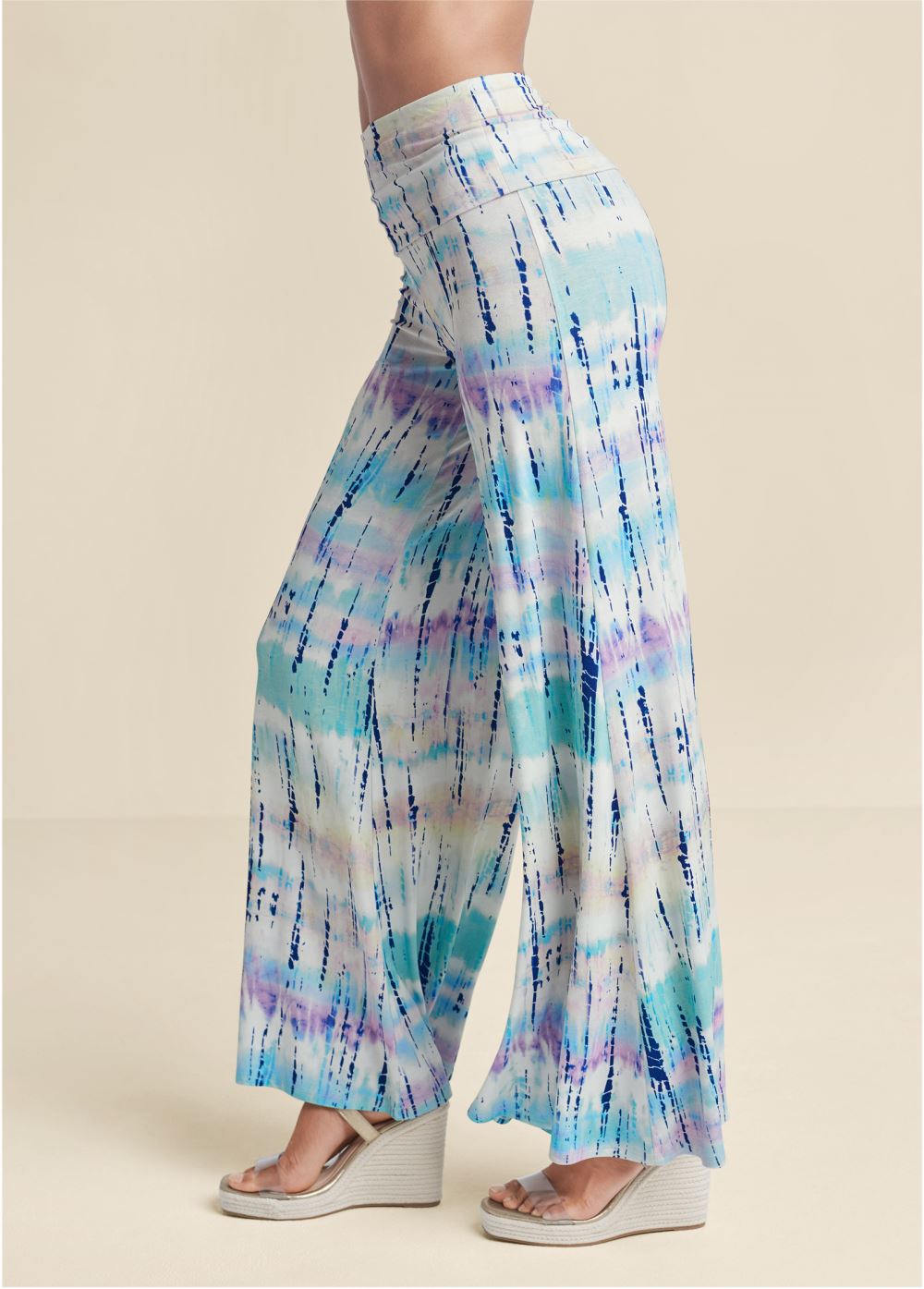 Venus Tie Dye Fold Over Pants in White Multi