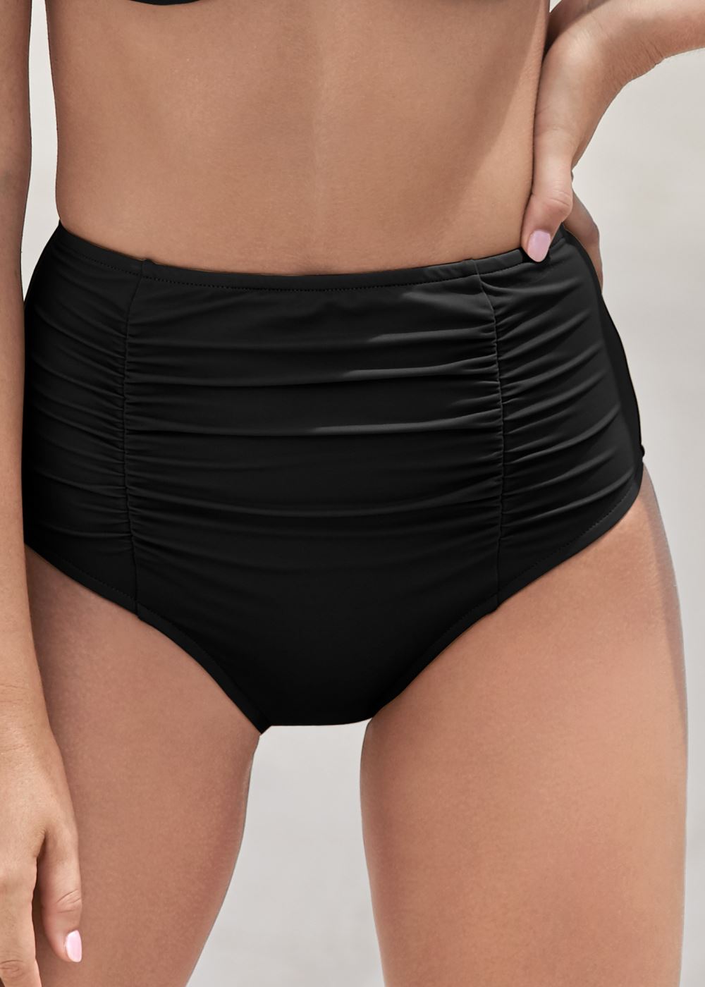 Venus Shirred High-Waist Bottom Bikini - Black Beauty